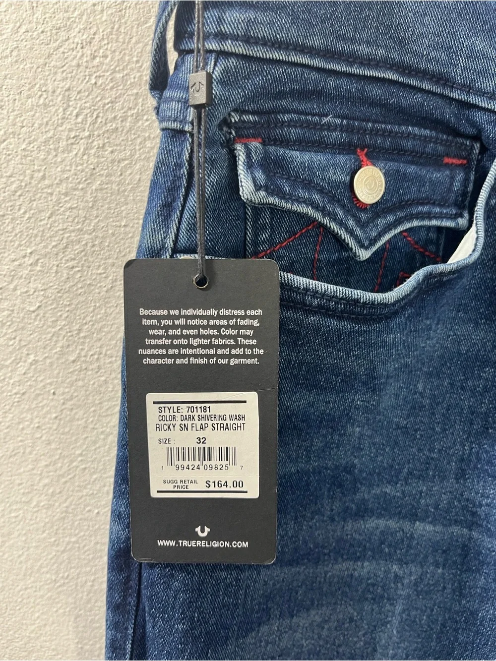 True Religion Ricky SN Flap Straight Jeans Men's 32x34 Dark Shivering Wash NWT